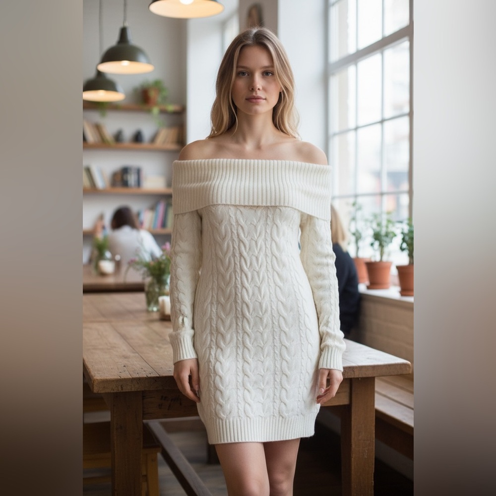Eliza J cable sweater dress, size L. Off shoulder